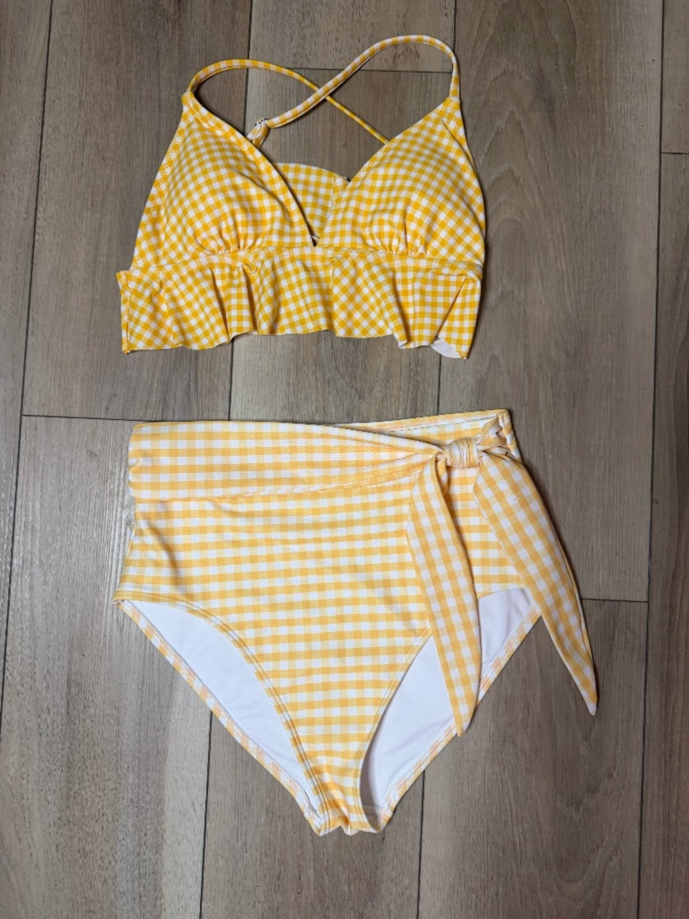 Old Navy Yellow Gingham Bikini Set Small High Waisted Ruffle Swim Cute